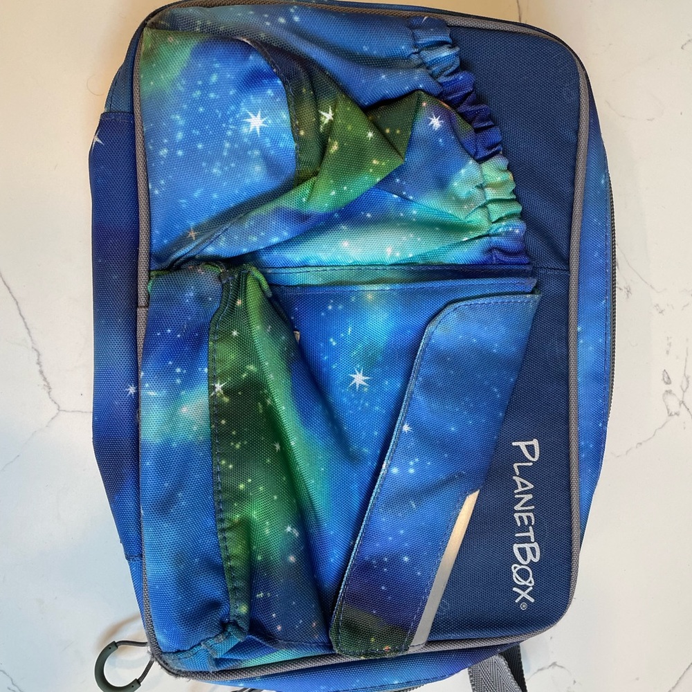 Planetbox lunch/snack box. Lunch bag is blue/green, stainless steal containers.